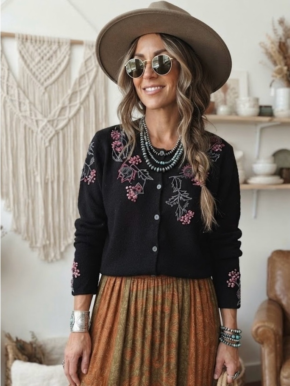 Vintage Tanjay Petites Black Floral Embroidered Beaded Cardigan Boho Cottagecore